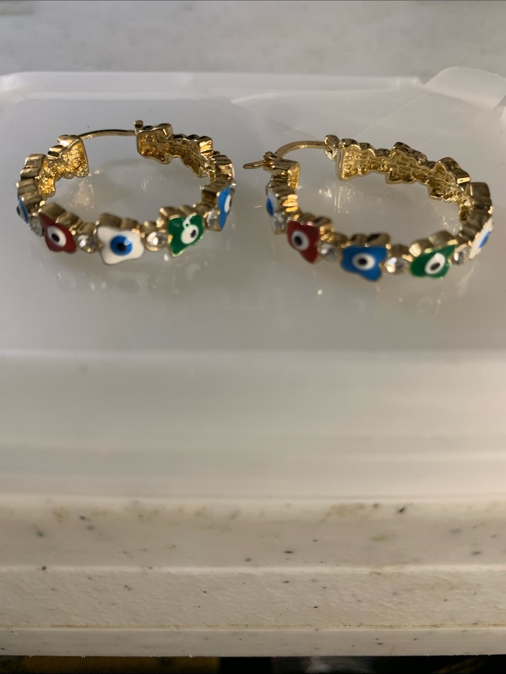 14k Gold Plated Hoop Earrings with Multicolor Enamel Evil Eye Flowers